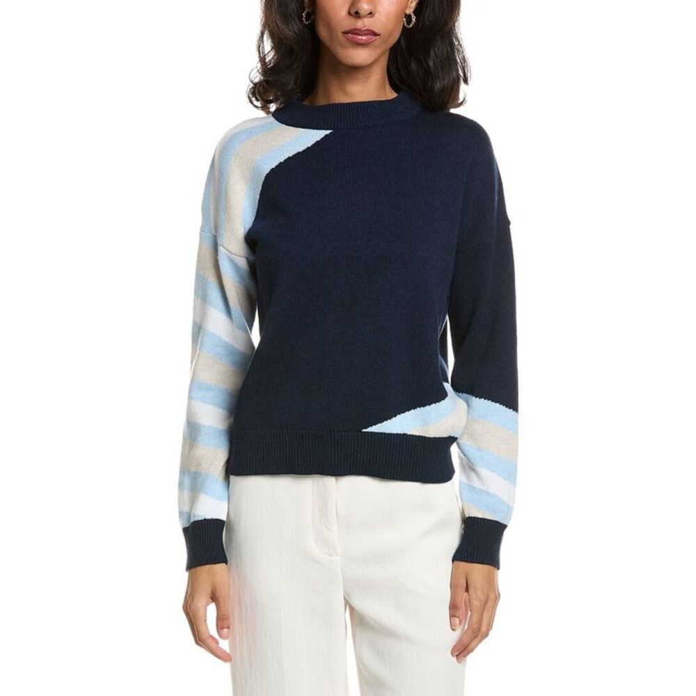 Forte Womens Intarsia Stripe Crewneck Sweater, Navy